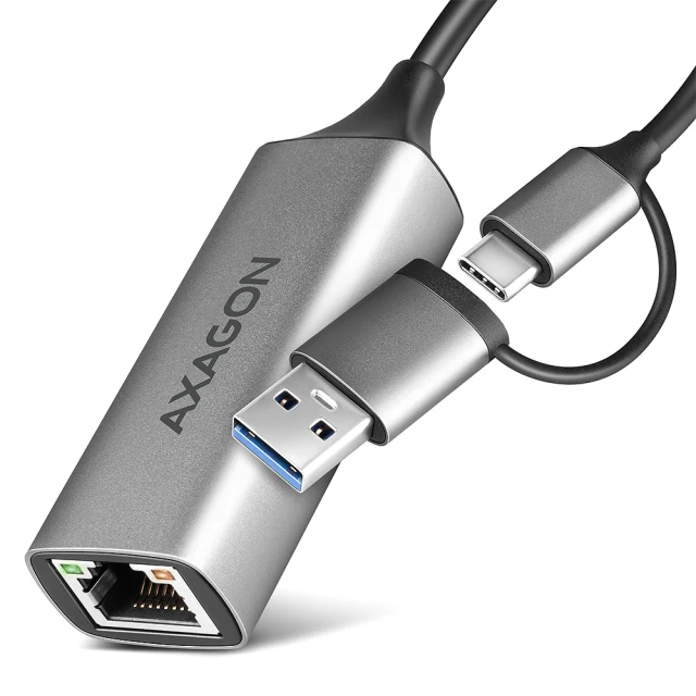 AXAGON Мрежови адаптер ADE-TXCA, от USB-A/USB-C(м) към 1x RJ45 10/100/1000Mbps(ж), сив